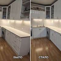 Замена столешницы, фасадов нижнего яруса (ПВХ глянец) и ручек. ул. Викулова, 55.