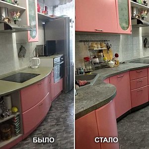 Изготовление и замена лекальной столешницы. Установка посудомоечной машины с изготовлением крашенного фасада и перенос выдвижных ящиков. ул. Мира, 33.