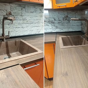 Замена столешницы, стеновой панели, мойки, смесителя на кухонном гарнитуре. Ул. Баумана, 31а.