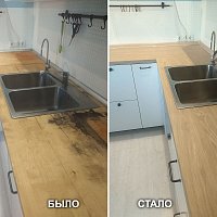 Замена столешницы, плинтуса, смесителя на кухонном гарнитуре от Икеа. Ул. Рябинина, 29.