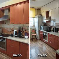 Замена фасадов ПВХ на суперглянцевый Акрил, замена столешницы, замена мойки, замена ручек, замена стеновой панели, частичная перепланировка и изготовление шкафов. ул. Шефская, 103.