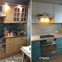 Замена фасадов, замена столешницы, замена ручек, замена стеновой панели, установка выдвижных систем Tandembox с доводчиками. ул. Луначарского 171.